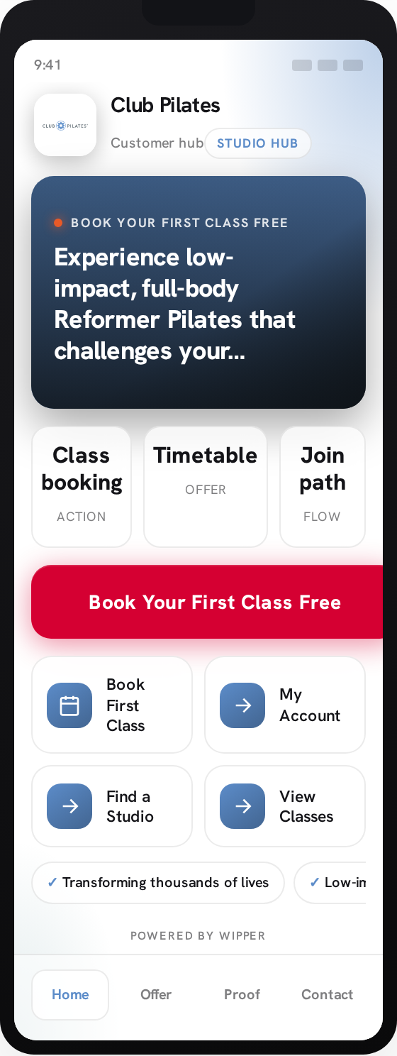 Club Pilates — Wipper studio booking hub preview on mobile